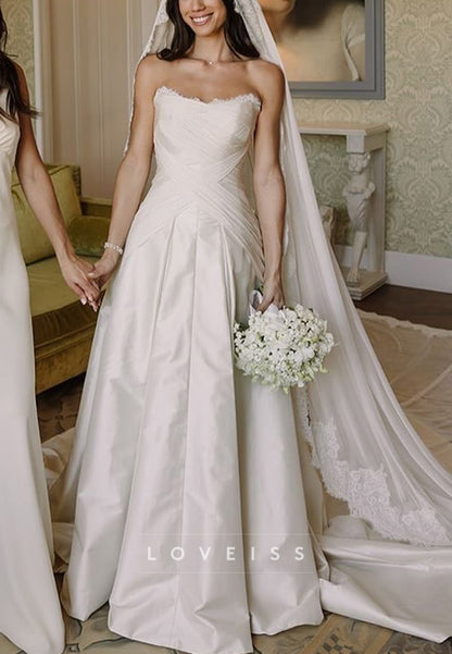 Off-Shoulder Sleeveless Pleated Satin A-Line Elegant Wedding Dress