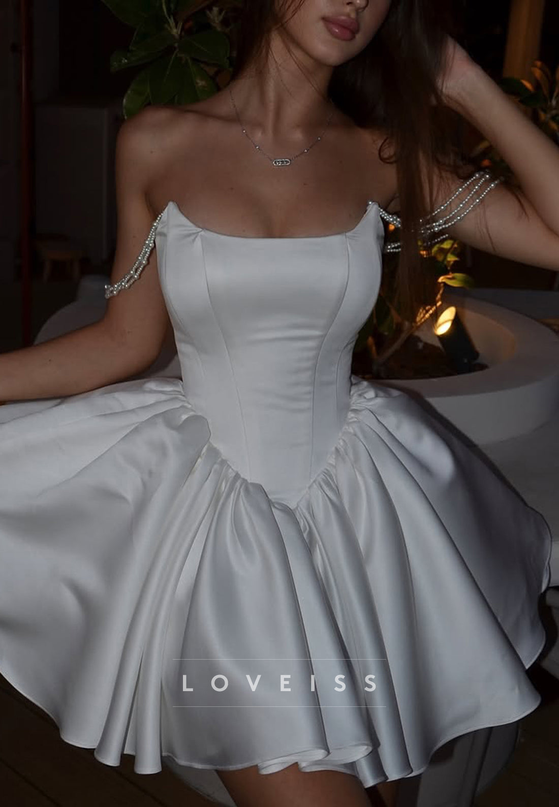 Off-Shoulder Sleeveless Pleated Satin A-Line Short Wedding Dress