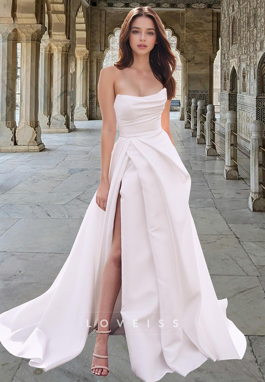 Off-Shoulder Sleeveless Pleated Satin A-Line Wedding Dress