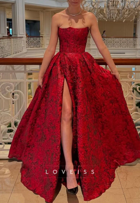 Off-Shoulder Sleeveless Pleated Side Slit  A-Line Evening Dress