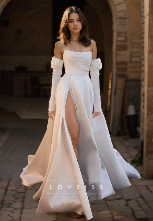 Off-Shoulder Sleeveless Pleated Side Slit Satin A-Line Wedding Dress