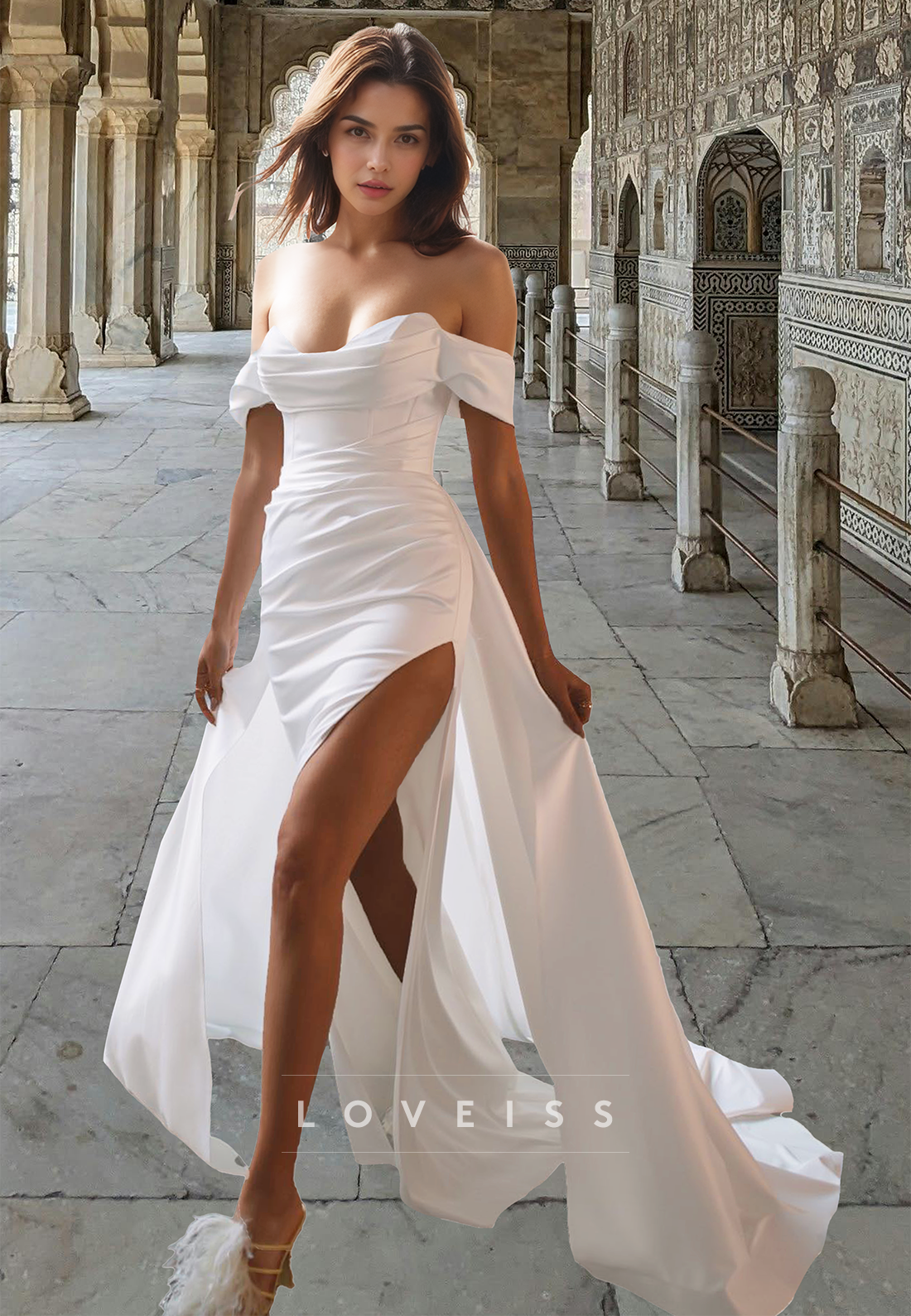 Off-Shoulder Sleeveless Pleated Side Slit Sheath Beach Wedding Dress