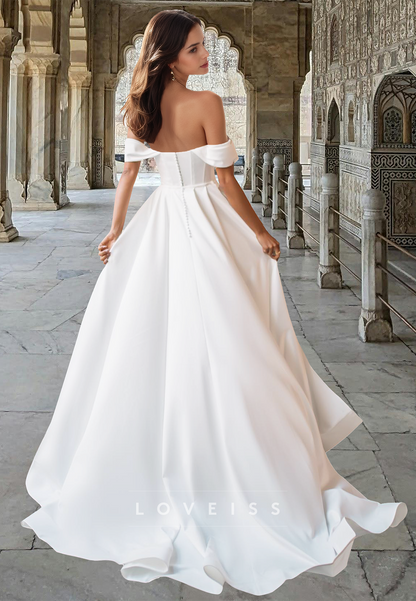 Off-Shoulder Sleeveless Pleated Side Slit Sheath Beach Wedding Dress