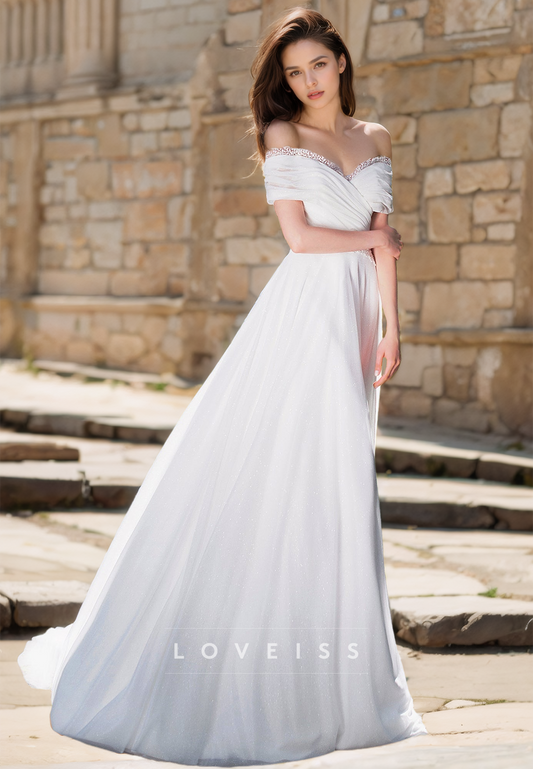 Off-Shoulder Sleeveless Pleated Sleek A-Line Simple Wedding Dress