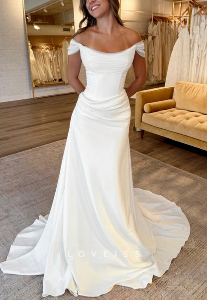 Off-Shoulder Sleeveless Pleated Sleek A-Line Wedding Dress