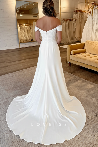 Off-Shoulder Sleeveless Pleated Sleek A-Line Wedding Dress