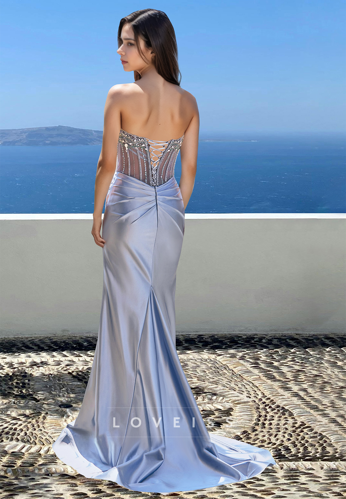 Off-Shoulder Sleeveless Pleated Beaded Sleek Mermaid Prom Dress