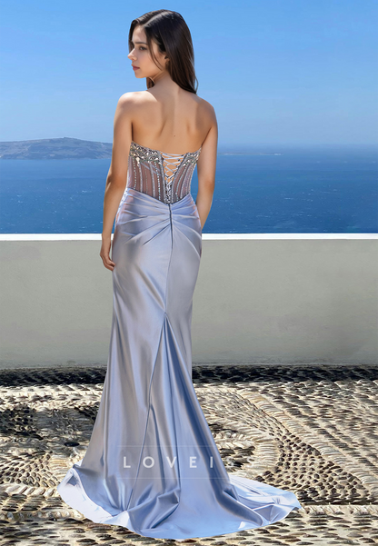 Off-Shoulder Sleeveless Pleated Beaded Sleek Mermaid Prom Dress