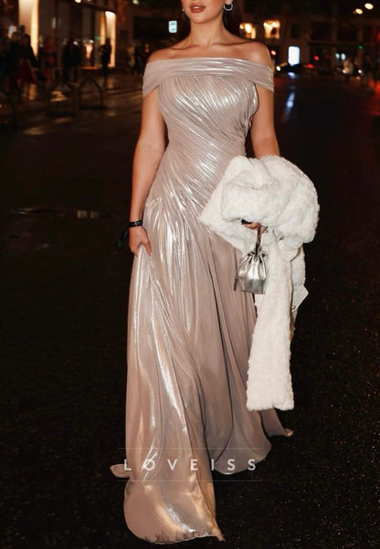 Off-Shoulder Sleeveless Pleated Sparkly A-Line Evening Dress
