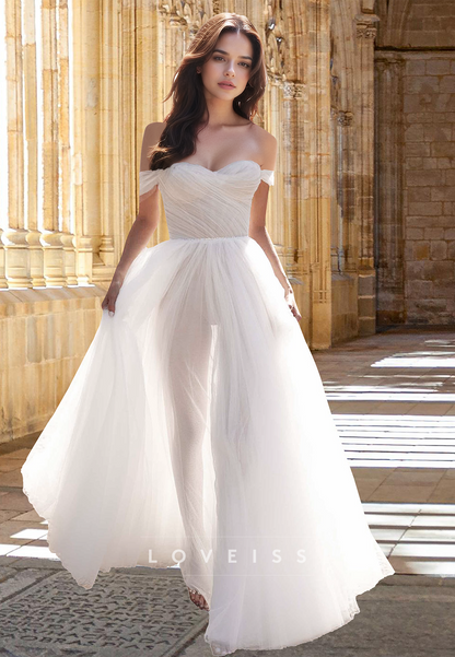 Off-Shoulder Sleeveless Pleated Tulle A-Line Beach Wedding Dress