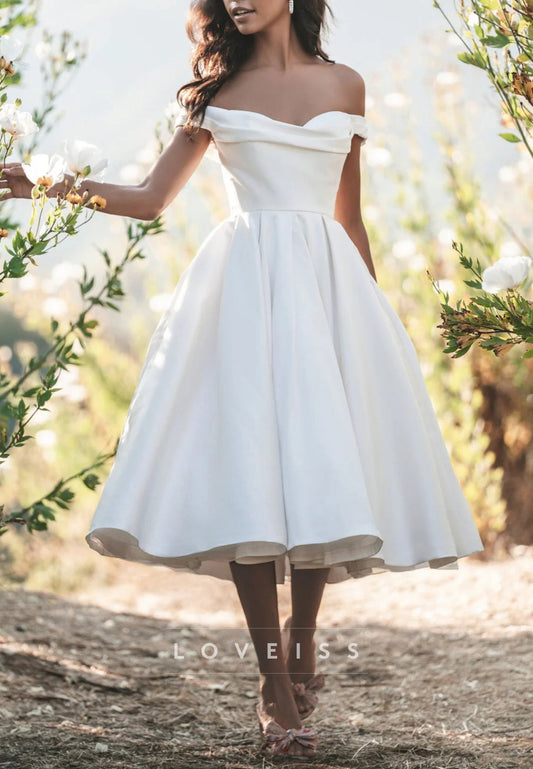Off-Shoulder Sleeveless Pleated Satin A-Line Wedding Dress