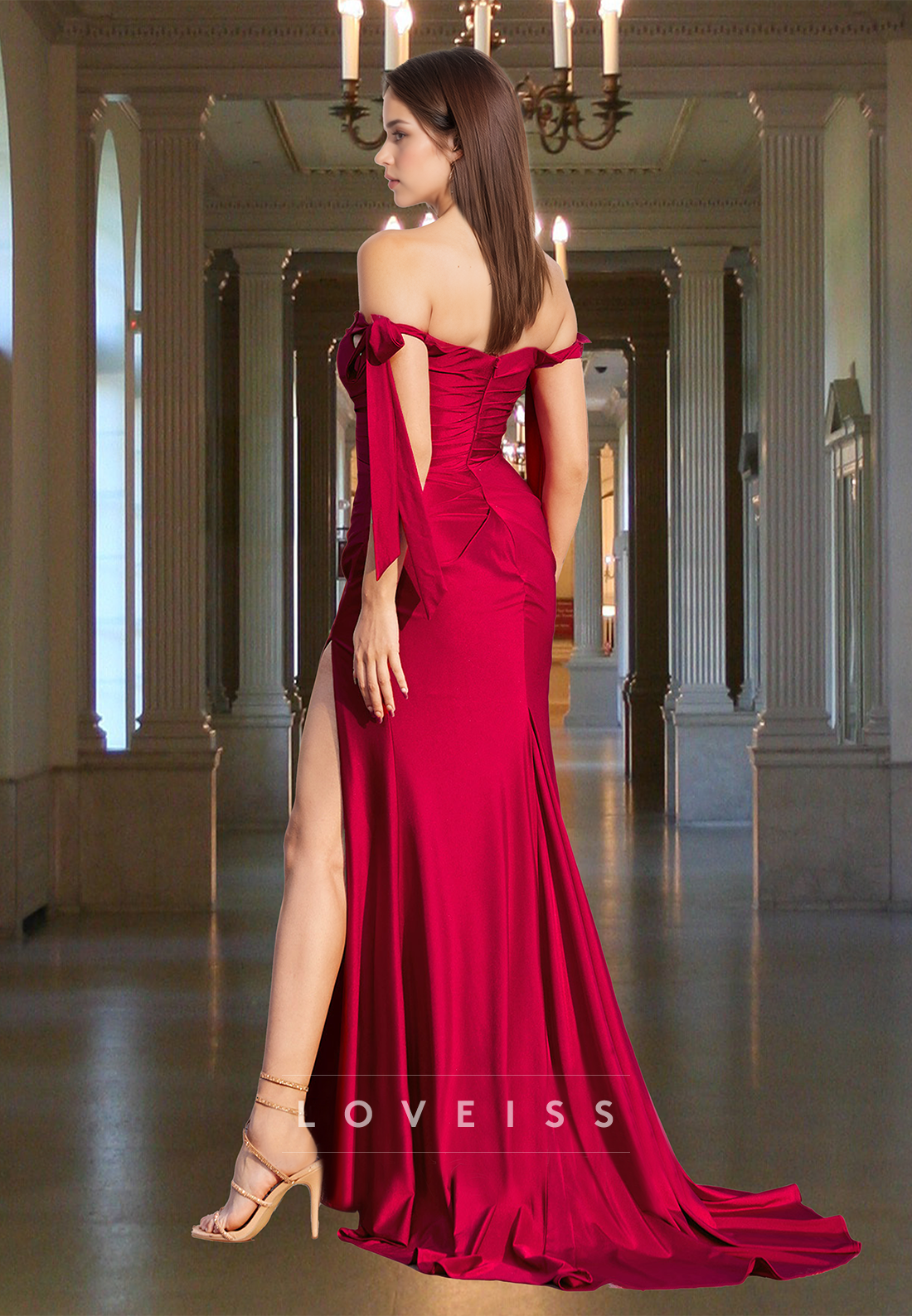 Off-Shoulder Sleeveless Ruched High Slit Sheath Prom Dress