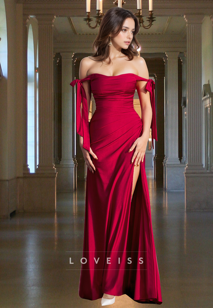 Off-Shoulder Sleeveless Ruched High Slit Sheath Prom Dress