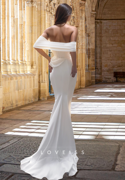 Off-Shoulder Sleeveless Ruched Pleated Side Slit Sheath Beach Wedding Dress