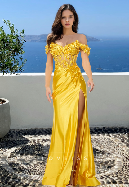 Off-Shoulder Sleeveless Ruched Side Slit Floral Embellished Sheath Prom Dress