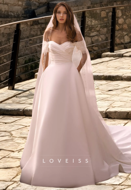 Off-Shoulder Sleeveless Ruched Sleek Satin A-Line Wedding Dress