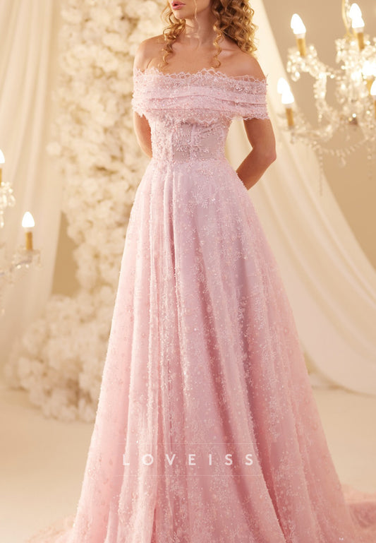 Off-Shoulder Sleeveless Sequins Appliques A-Line Prom Dress