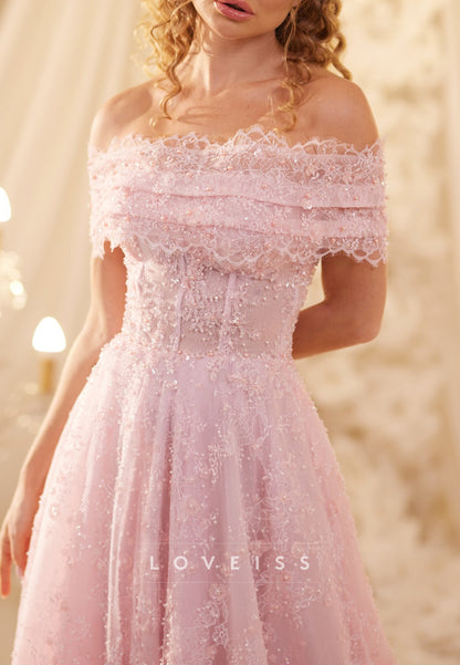 Off-Shoulder Sleeveless Sequins Appliques A-Line Prom Dress