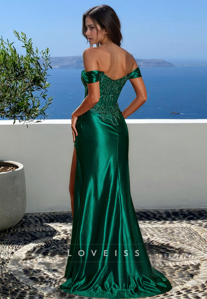 Off-Shoulder Sleeveless Sequins Appliques Pleated Sheath Prom Dress