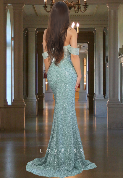 Off-Shoulder Sleeveless Sequins Beaded Sparkly Mermaid Prom Dress