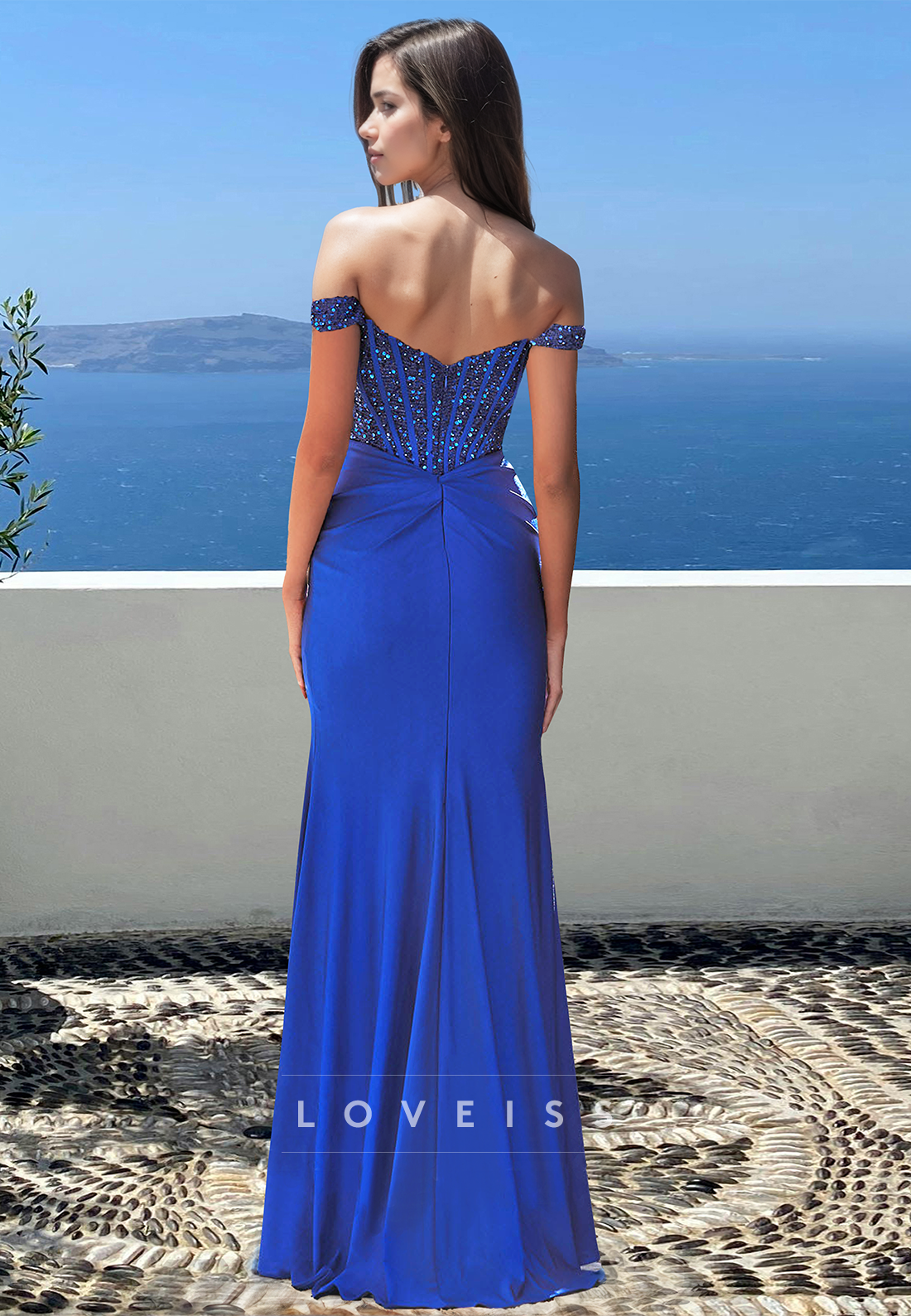 Off-Shoulder Sleeveless Sequins Pleated Side Slit Sheath Prom Dress