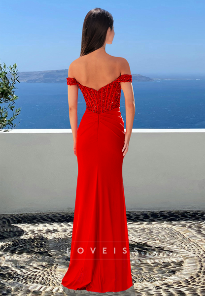 Off-Shoulder Sleeveless Sequins Pleated Side Slit Sheath Prom Dress