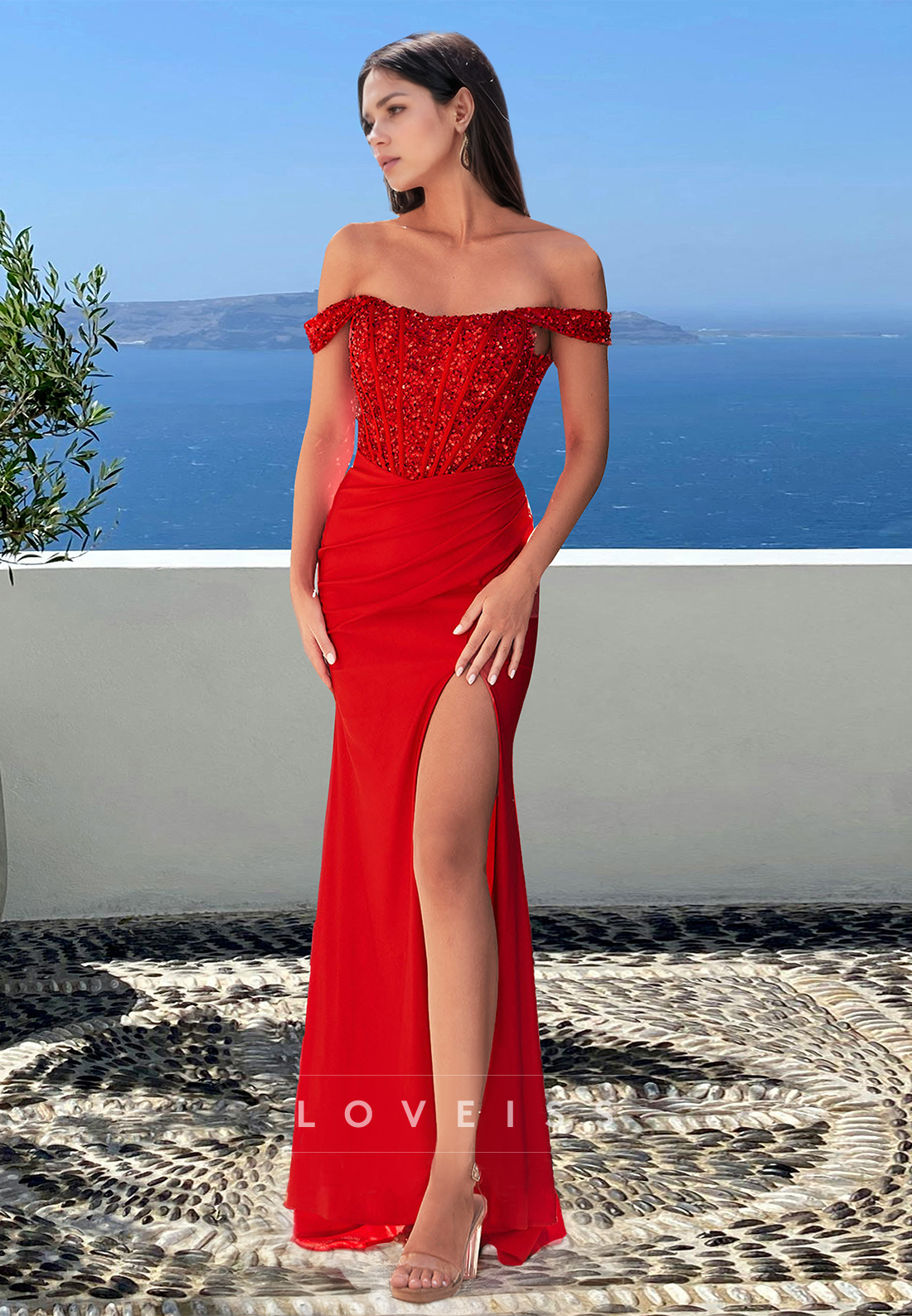 Off-Shoulder Sleeveless Sequins Pleated Side Slit Sheath Prom Dress