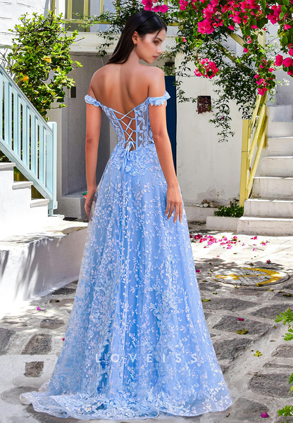 Off-Shoulder Sleeveless Side Slit Appliques A-Line Prom Dress