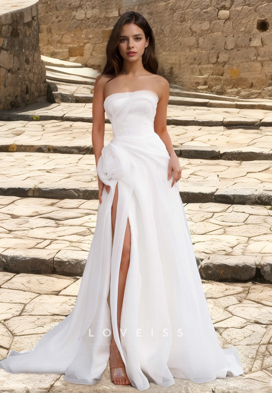 Off-Shoulder Sleeveless Side Slit Floral Embellished A-Line Wedding Dress