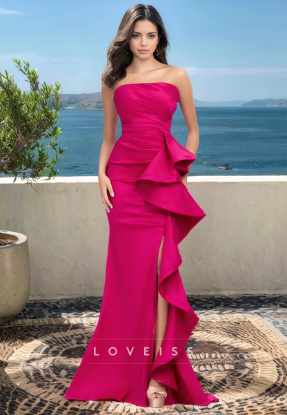 Off-Shoulder Sleeveless Side Slit Ruffled Mermaid Prom Dress