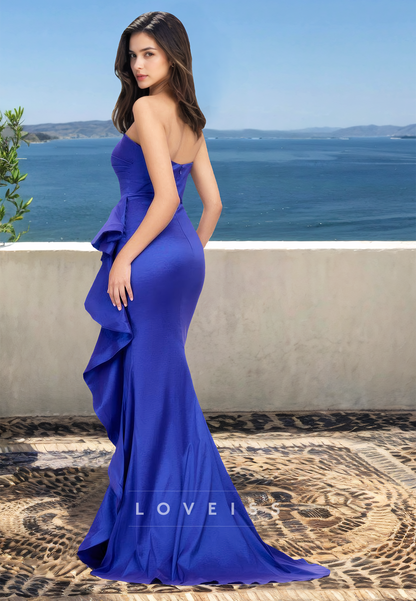 Off-Shoulder Sleeveless Side Slit Ruffled Mermaid Prom Dress