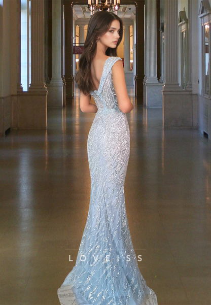 Off-Shoulder Sleeveless Side Slit Sequins Sparkly Mermaid Prom Dress