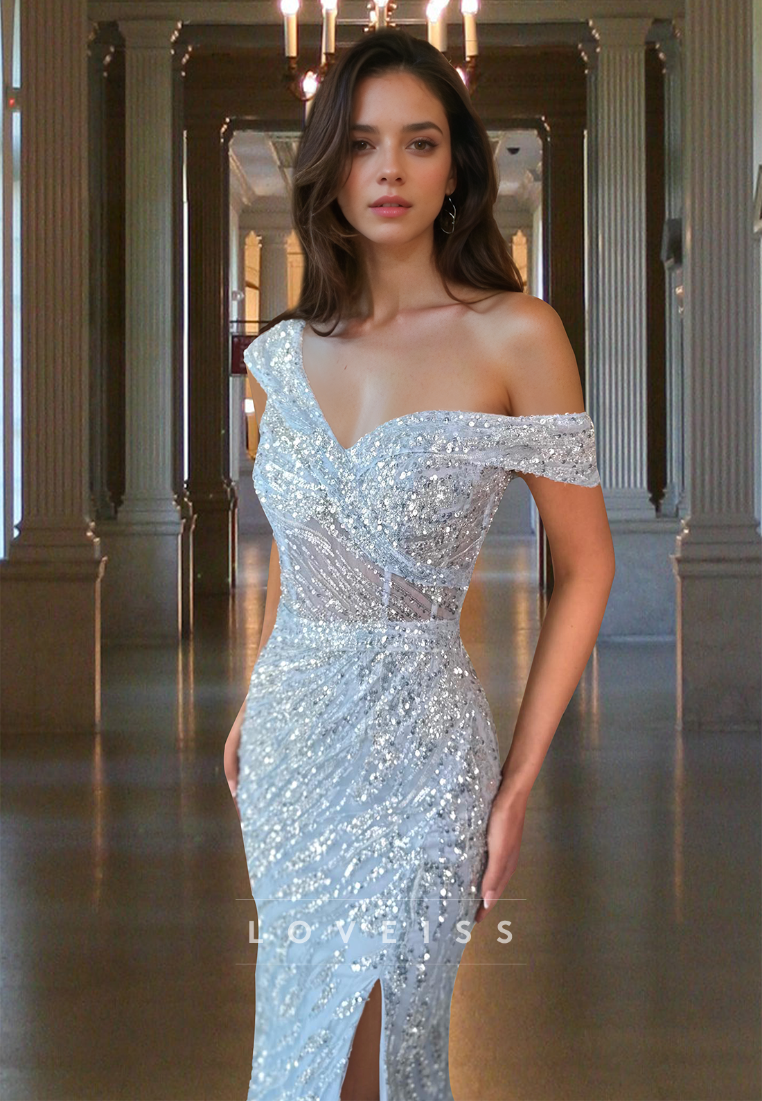 Off-Shoulder Sleeveless Side Slit Sequins Sparkly Mermaid Prom Dress