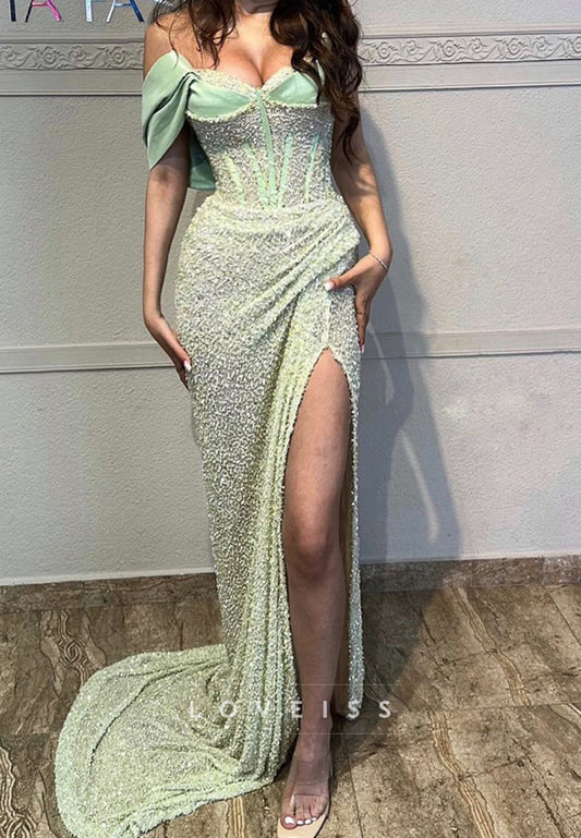 Off-Shoulder Sleeveless Side Slit Sheath Prom Dress