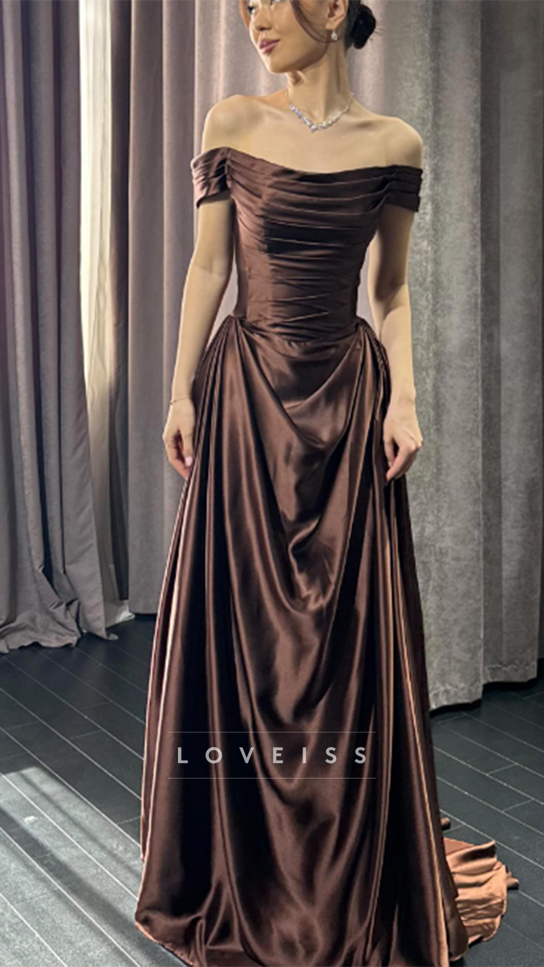 Off-Shoulder Sleeveless Sleek Satin A-Line Evening Dress