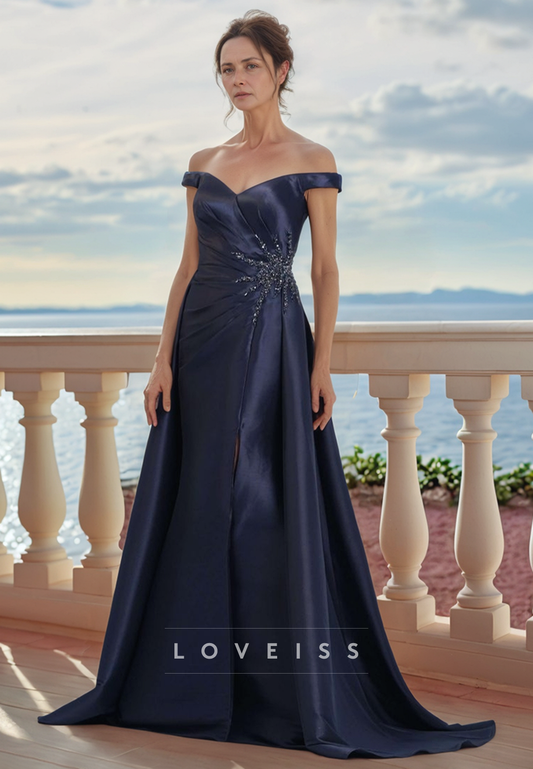 Off-Shoulder Sleeveless Sleek Satin Appliques Sheath Mother of Bride Dress