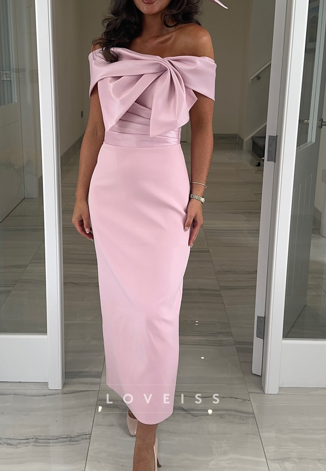 Off-Shoulder Sleeveless Sleek Sheath Midi Mother of Bride Dress