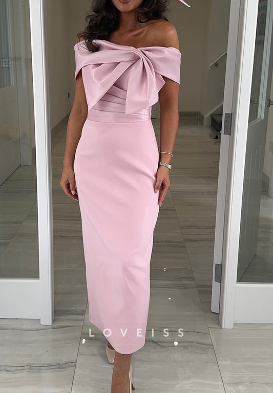 Off-Shoulder Sleeveless Sleek Sheath Midi Mother of Bride Dress