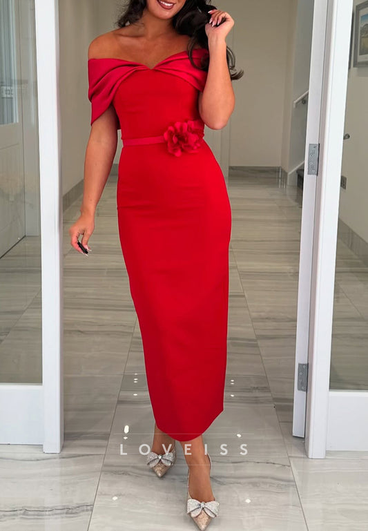 Off-Shoulder Sleeveless Sleek Sheath Midi Mother of Bride Dress