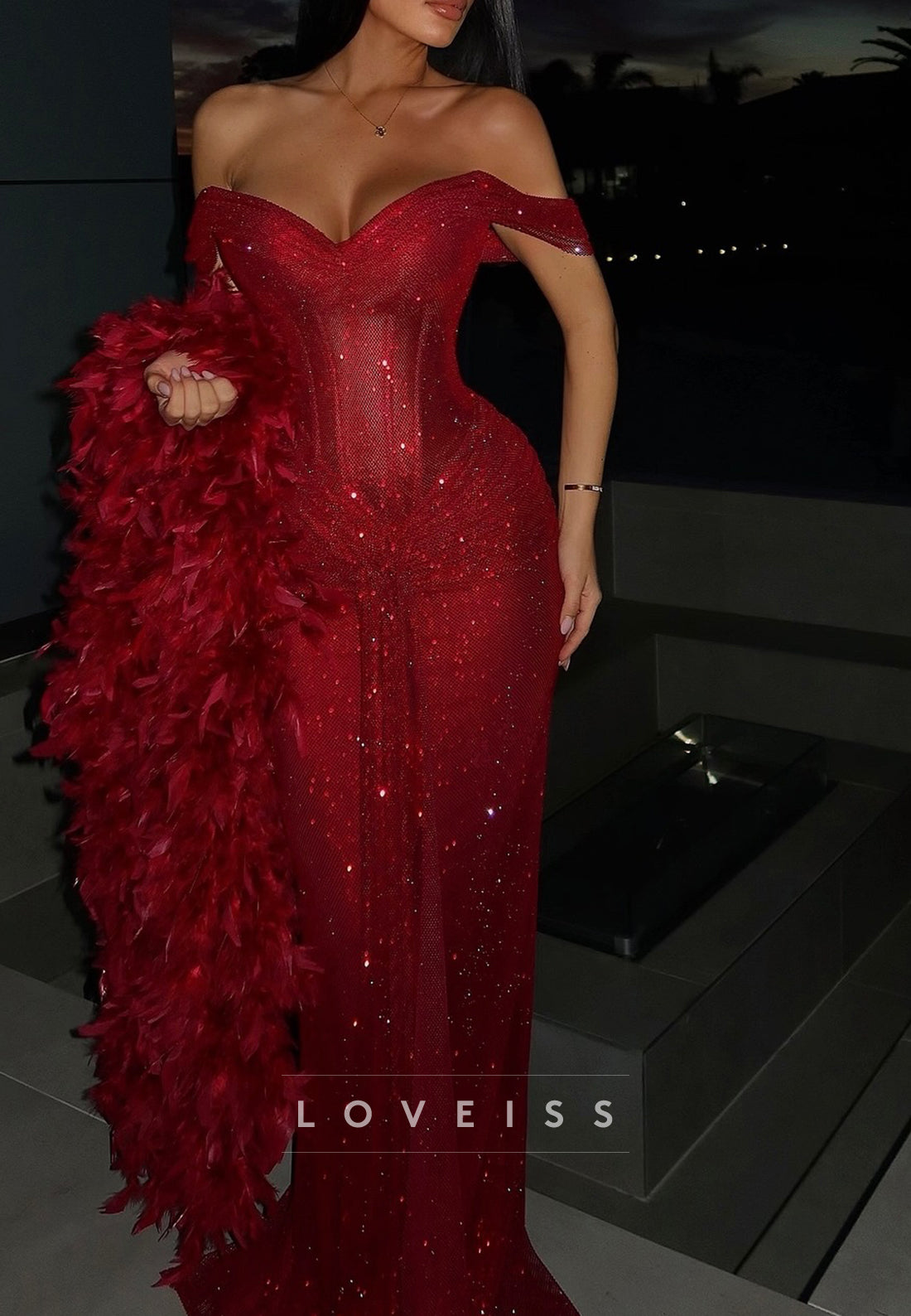 Off-Shoulder Sleeveless Sparkly Mermaid Prom Dress