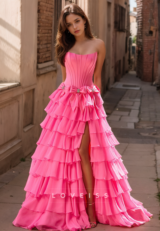 Off-Shoulder Sleeveless Tiered Side Slit A-Line Prom Dress