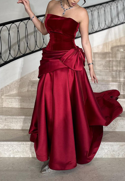 Off-Shoulder Sleeveless Velvet Bowknot Satin A-Line Evening Dress