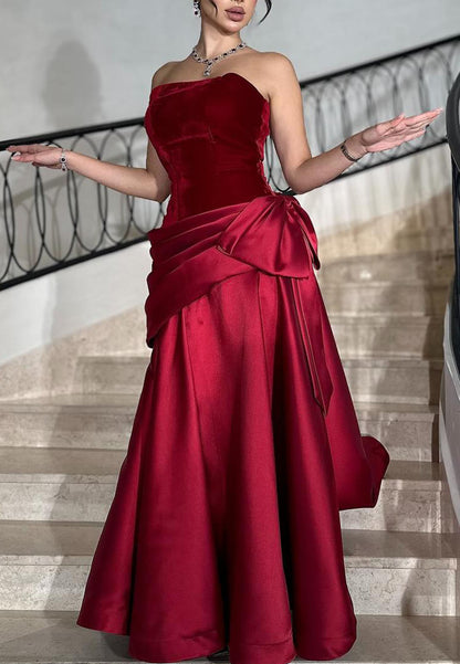 Off-Shoulder Sleeveless Velvet Bowknot Satin A-Line Evening Dress
