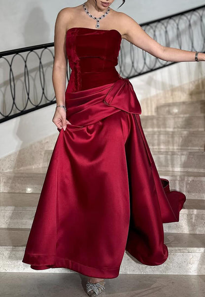 Off-Shoulder Sleeveless Velvet Bowknot Satin A-Line Evening Dress