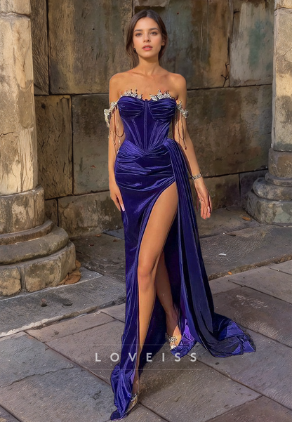 Off-Shoulder Sleeveless Velvet High Slit Prom Dress