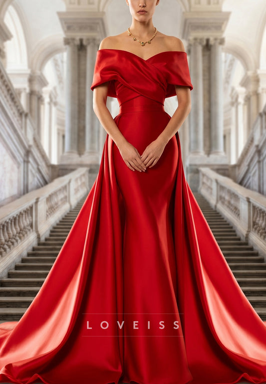 Off-Shoulder Sleeves Mikado Satin Mermaid Evening Dress