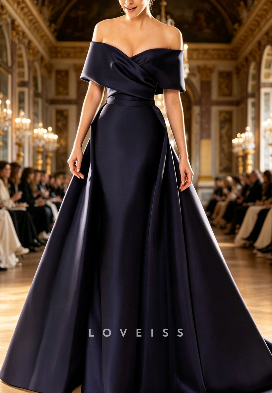 Off-Shoulder Sleeves Mikado Satin Mermaid Evening Dress