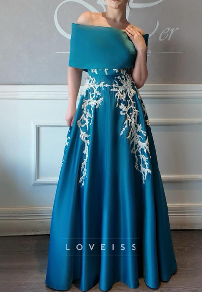 Off-Shoulder Sleeves Satin Appliques A-Line Evening Dress