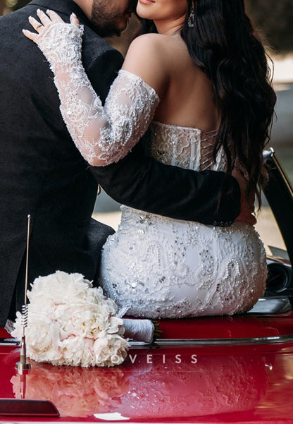 Off-Shoulder Sleeveless Sequins Appliques Pleated Mermaid Wedding Dress