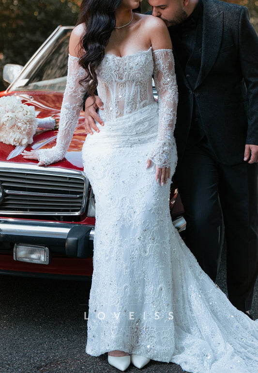 Off-Shoulder Sleeveless Sequins Appliques Pleated Mermaid Wedding Dress